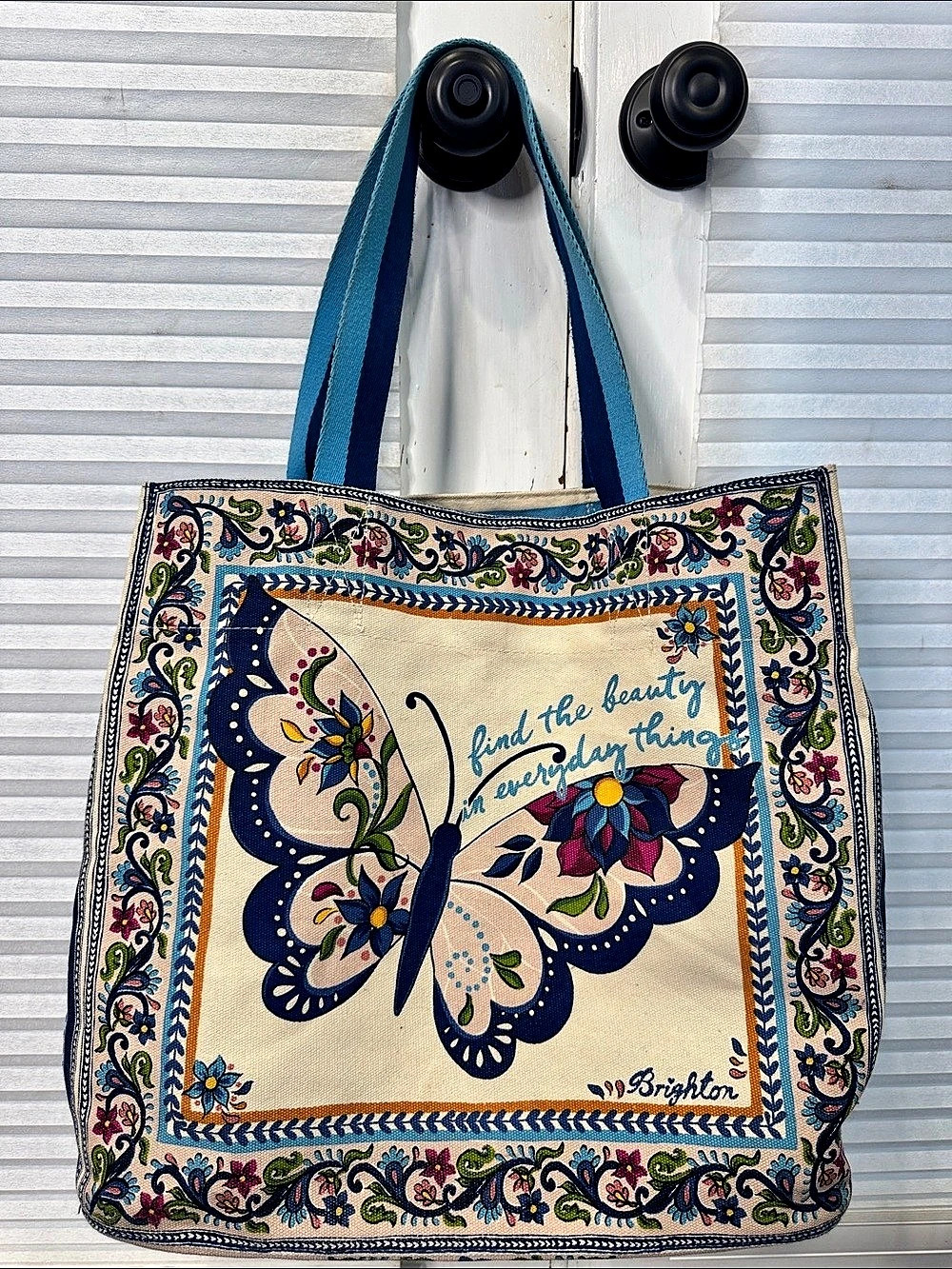 Brighton 65Floral Butterfly Print Tote in Blue & Cream Like New